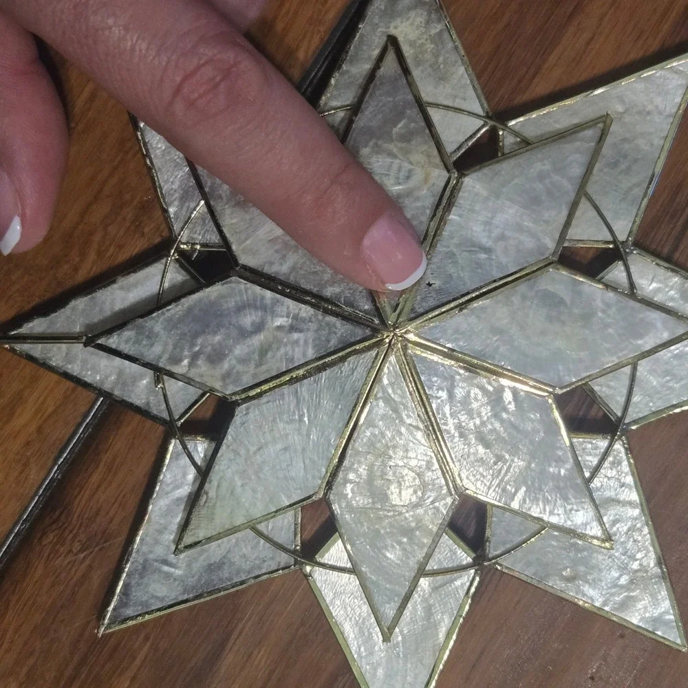 Vintage Capiz Shell Star Christmas Tree Topper Gold Tone Metal 9 Inch Holiday